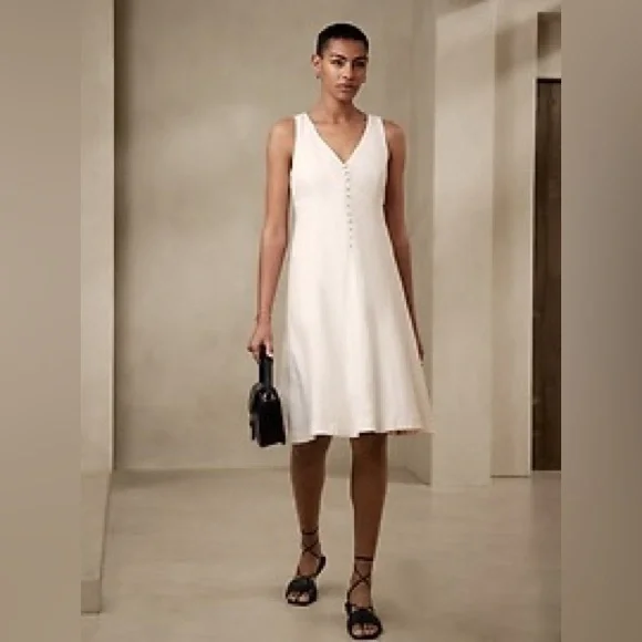 banana republic v neck linen dress Linen-Blend Drapey Midi Dress